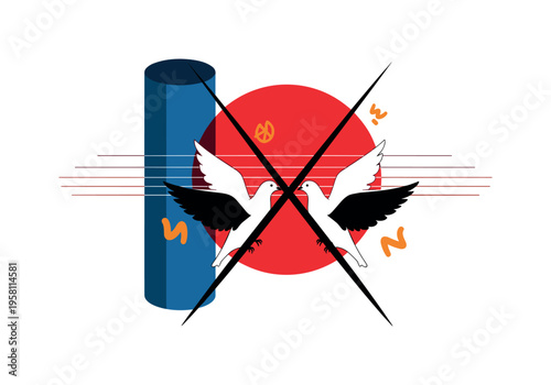 Black and white pair of doves crossing paths diagonally, large flat red circle behind intersected by thin horizontal lines like horizon, deep blue geometric