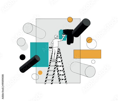 black-and-white ladder with a worker standing on it painting a wall, floating geometric cylinders and circles suggesting transformation of space, teal and