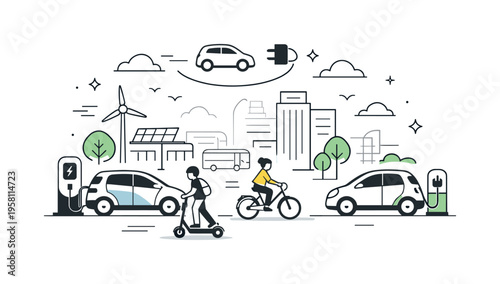 Electric mobility future. A clean city scene with electric cars and charging stations integrated into the environment. Sustainable transport, quiet movement,