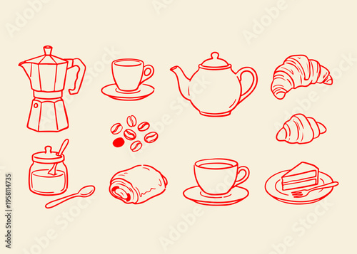 Hand Drawn Breakfast and Coffee Cafe Vector Icons Set with Moka Pot, Espresso Cup, Teapot, Croissants, Pain au Chocolat, and Cake Slice Isolated on Plain Background