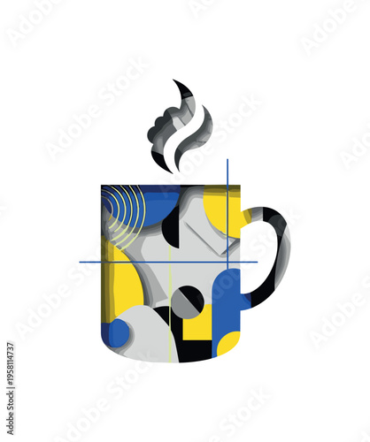 minimal mug silhouette with visible handle and steam cloud, monochrome mug with cut-out collage layering, geometric circles, thin lines and abstract blocks