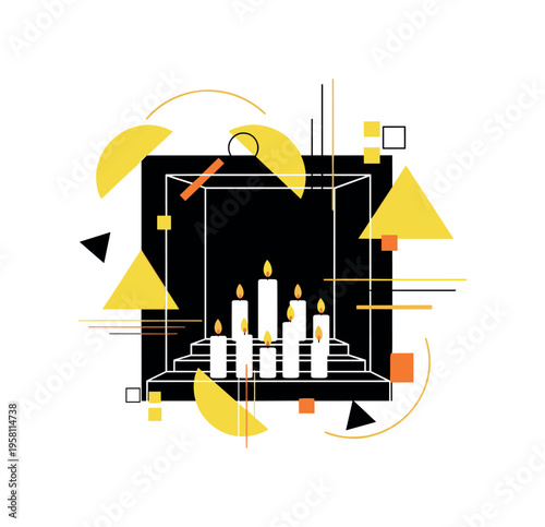 shrine interior with candles and abstract light shapes abstract semicircles lines and geometric blocks symbolizing religious ambiance in art and architecture