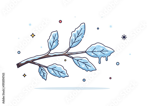 Frozen nature icy branch with delicate frost patterns covering a few simple leaves while snowflakes drift through the air. The quiet scene captures the