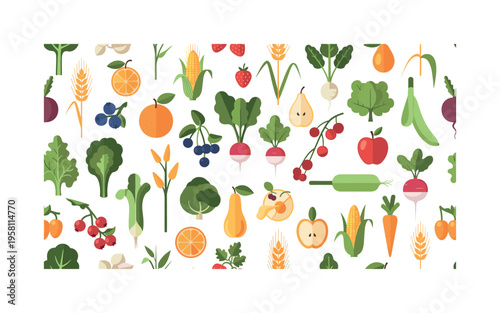 agricultural biodiversity with diverse crops, grains, fruits, vegetables and small farm plants arranged in rich natural composition, seamless