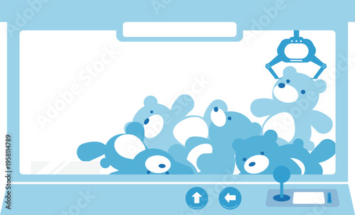 可愛いクマのぬいぐるみが詰め込まれた水色のUFOキャッチャーフレームイラスト