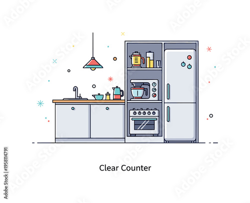 Minimal kitchen declutter scene featuring a clean countertop with large appliances stored inside a tall cabinet shown in cutaway view, expressing simplicity