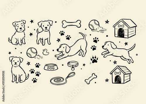Hand Drawn Puppy and Dog Doodle Vector Icons Set with Sitting Dogs, Playing Puppies, Dog Houses, Bone, Leash, Paw Prints, and Pet Supplies Isolated on Plain Background
