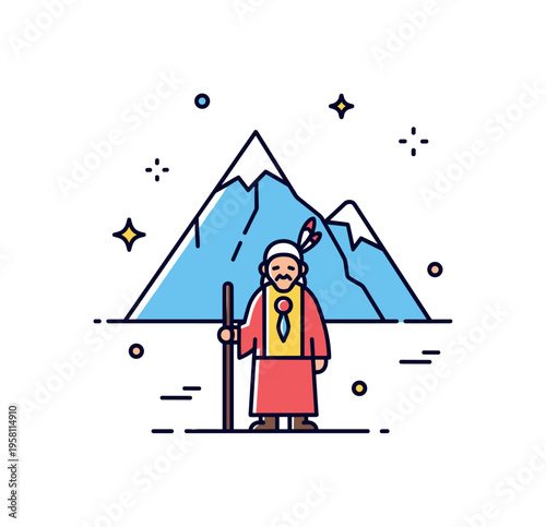 Guardian of ancestral land elder silhouette standing before a simplified mountain or landscape outline. A compact editorial badge highlighting stewardship and