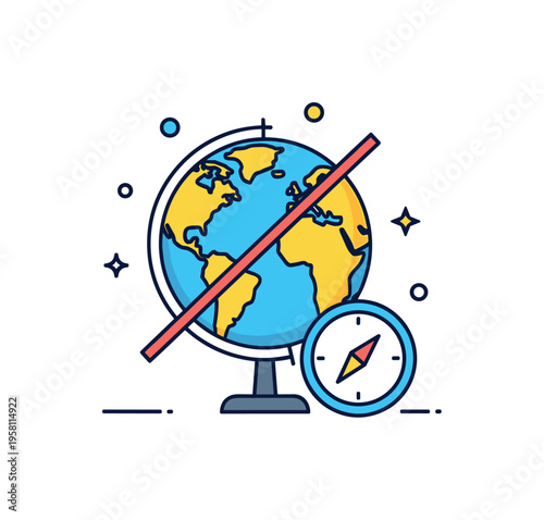 Equator latitude line visualization with a globe showing a bold circular line across its center while a small compass icon sits nearby. The educational scene