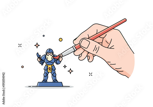 Miniature painting process small fantasy figurine being painted with fine brush strokes, subtle sparkle accents emphasizing artistic care. A modern editorial