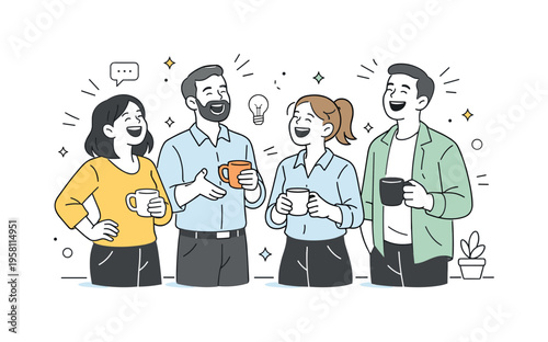 Casual laughter at work. Colleagues laughing during a short break, coffee cups and relaxed stance. Positive team spirit and comfortable workplace atmosphere.