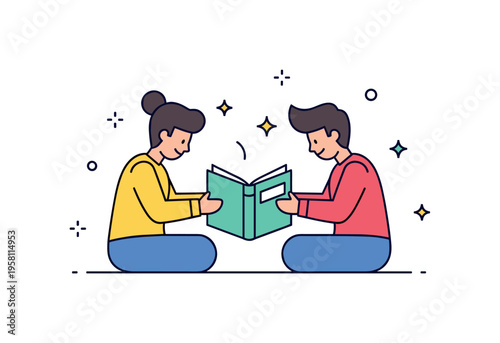 Learning together over books two friends sitting across from each other with a shared book placed in the center while small sparkles highlight the moment of