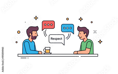 Mutual respect in relationships two partners exchanging speech bubbles with a small word Respect while calmly facing each other across a shared table. The