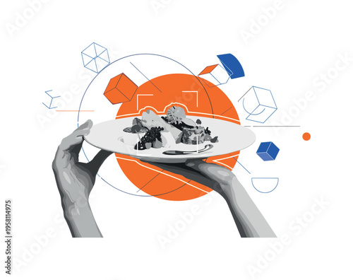 black and white female hands holding a beautifully styled gourmet plate for social media photo, food arranged aesthetically like influencer content, white