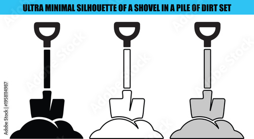 Three minimalist shovel in dirt piles digging gardening