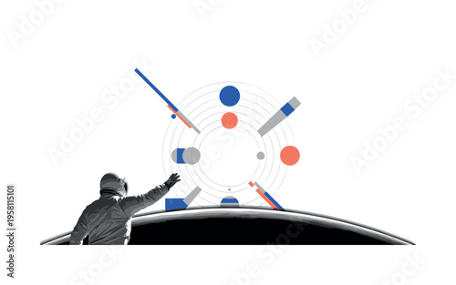 monochrome astronaut reaching toward a glowing star beyond a planetary horizon, layered circular halos and diagonal geometric rays suggesting curiosity and