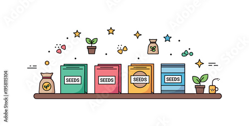 Seeds small packets of labeled seeds arranged on a table representing organization, preparation, and gardening planning. Decorative stars and tiny bag and