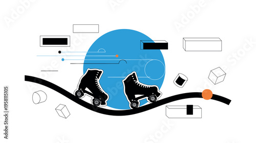 black and white roller skates rolling across a curved geometric path, large blue circle behind the skates representing open sky movement, thin lines and