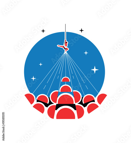Black and white retro circus ring with small aerial performer high above, bold blue circle as sky-like backdrop, red semi-circles forming stage spotlight