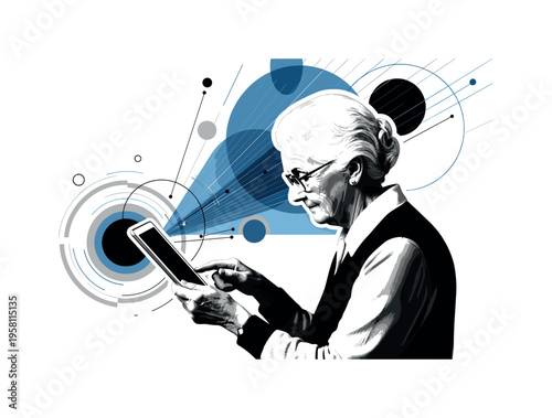 elderly woman using digital tablet abstract circles lines and geometric shapes representing technology adoption by aging population black and white retro human