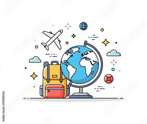 World travelers adventure illustrated by a small globe surrounded by a backpack, airplane icon, and tiny star accents suggesting distant
