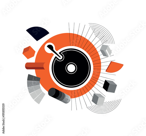black and white circular color wheel interface with selector handle, cut-out UI component with white outline effect, bold orange circle behind symbolizing