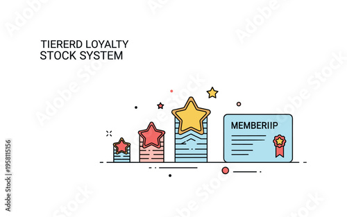Tiered loyalty system shown through stacked star icons increasing in size beside a simple membership card, expressing progress, milestones, and exclusive