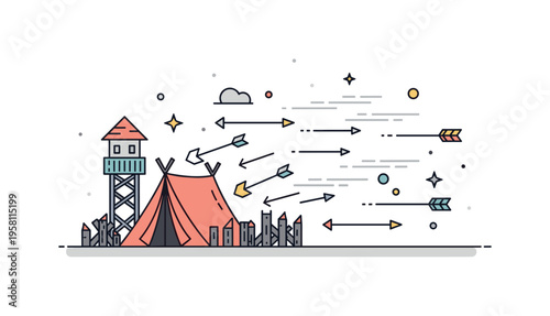 Enemy base assault a fortified camp tent with a small watchtower while arrows and motion lines fly toward the camp, symbolizing a surprise attack during a