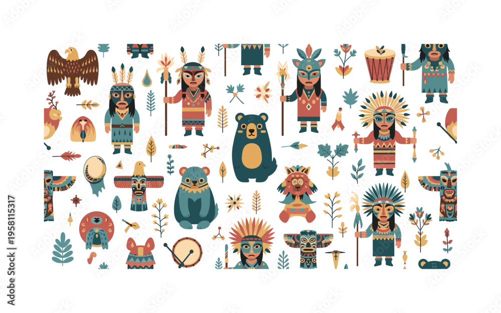 Fototapeta premium tribal shaman practices seamless pattern, shamans with ceremonial attire, animal spirits, masks, totems, drums and forest plants arranged in a repeating