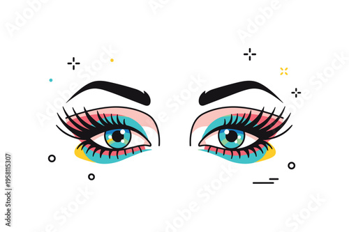 Avant garde fashion portrait showing exaggerated lashes and colorful graphic accents around the eyes. Clean background geometry and tiny star details highlight