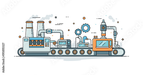 Industrial assembly system automated machines working together along a production line while gears and pipes illustrate coordinated factory operations. Visual