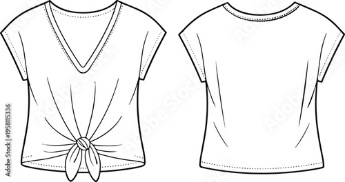 Women V neck tie front blouse design, short sleeve top outline illustration, fashion apparel template, clothing garment technical drawing style