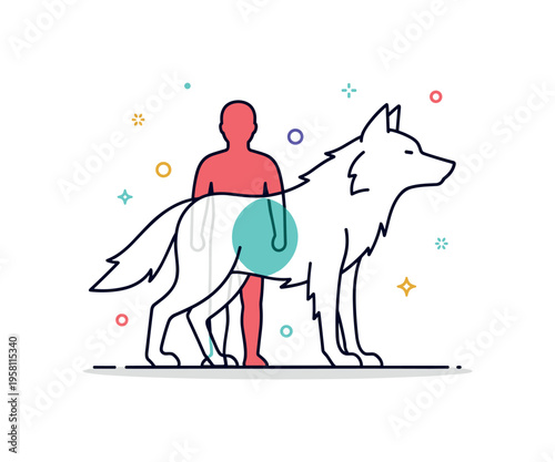 Shapeshifter transformation concept human silhouette blending into a wolf outline with a smooth overlapping transition in the center. A compact editorial