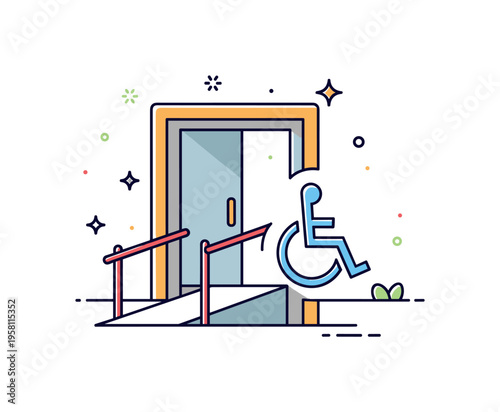 Accessible entrance icon featuring a doorway with a ramp and a small wheelchair symbol integrated into the design, representing barrier free architecture. The
