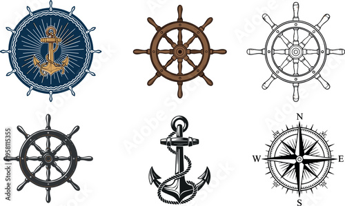 Nautical Marine Icon Set with Ship Wheel Helm Anchor and Compass Symbols for Ocean Navigation Maritime Transport and Sea Adventure Design Collection