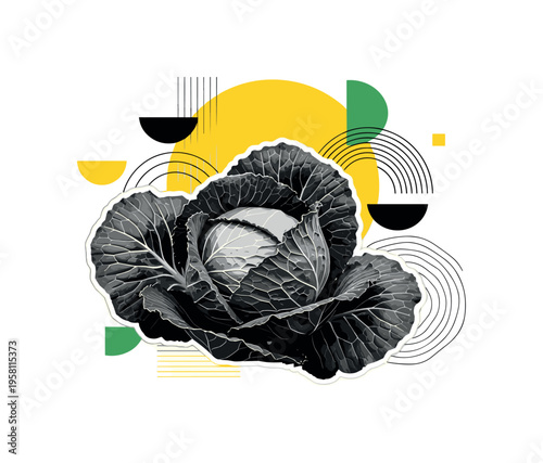 retro style black and white cabbage leaves unfolding in layered texture, leaves cut out with white contour outline, bold yellow circle behind the leaves like a