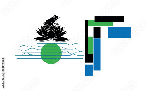 Black and white frog silhouette perched on a geometric water lily, large green circle beneath representing protected habitat, thin horizontal blue lines