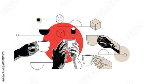 church fellowship coffee gathering with people holding mugs and talking, black and white cut-out hands and cups with white outline effect, large red circle