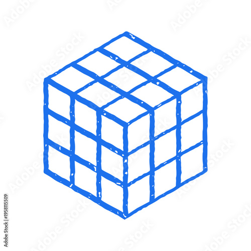 A schematic and geometric isometric cube, reminiscent of a puzzle game. This hand drawn vector illustration has a grunge texture, suitable for tech, logic, or brain game related designs