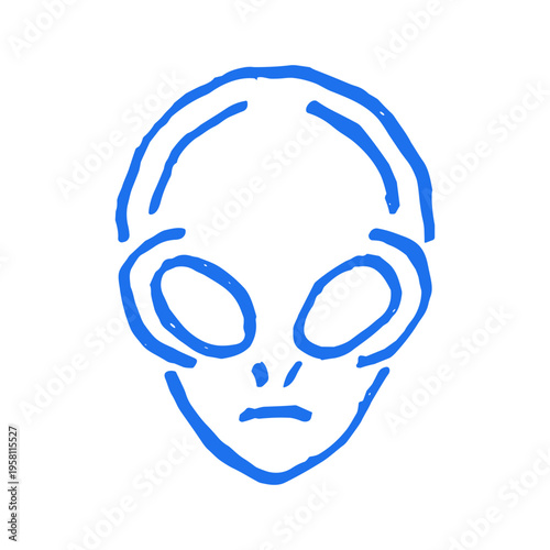 A quirky and sad alien head character in a hand drawn doodle style. This vector illustration has a grunge texture, making it a unique icon for sci-fi themes, stickers, or creative projects