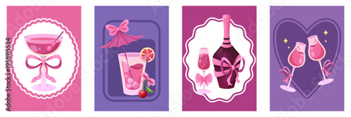 Bachelorette invitation or valentine day poster and greeting card. Cocktails and alcohol drinks in glass and champagne bottle with pink coquette ribbon and bow on cute whimsical scallop frame.