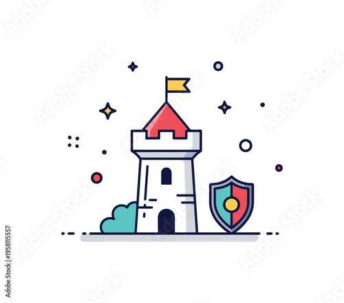 Medieval history concept featuring a simple castle tower with a tiny flag on top and subtle shield icon nearby. The scene highlights tradition, defense, and