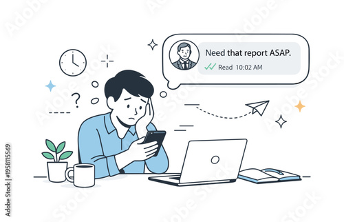 Read receipt workplace pressure. Employee reading a message from a manager with read indicator visible, moment of delayed response. Scene suggests professional