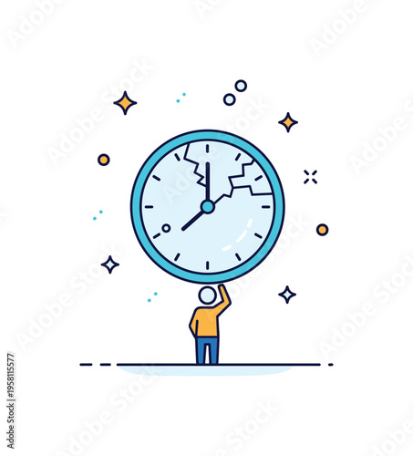 Time regret concept simple clock with cracked glass while a small figure looks at it from below suggesting sorrow about lost moments and missed chances. The
