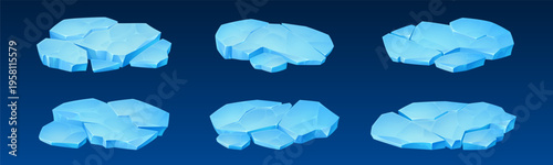 Ice glacier and iceberg blocks with snow surfaces in cartoon style. Arctic floe formations of frozen crystal pieces and broken polar elements. Floating berg chunks in cold winter ocean.