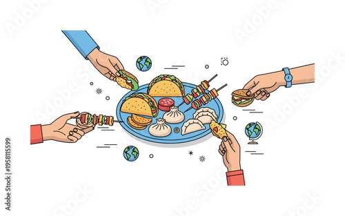 Friends tasting global street food plate filled with tacos, dumplings, and skewers placed between friends reaching in to try different bites while tiny globe