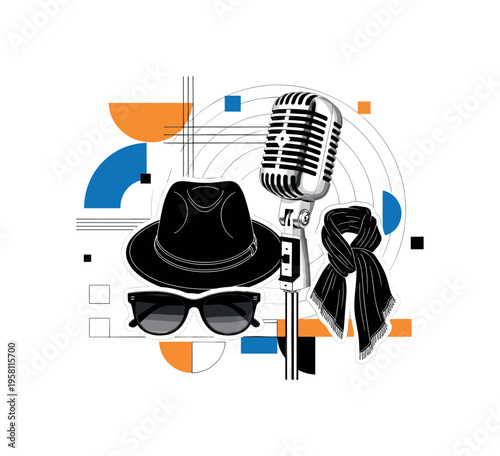 microphone stand beside fashion accessories abstract semicircles lines and geometric blocks symbolizing music performance and style black and white retro