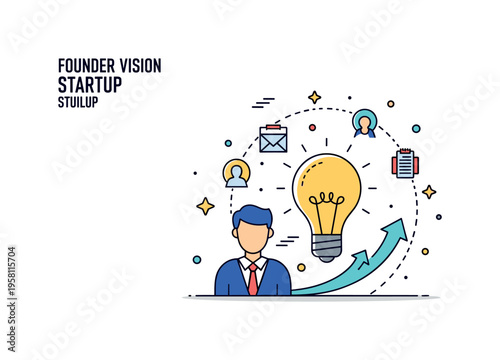 Founder vision entrepreneur standing beside a glowing lightbulb and rising arrow while simple startup icons orbit around the idea. Inspiring scene expressing