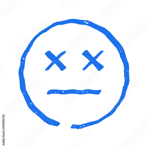 A dizzy or dead face emoji with crossed-out eyes, expressing defeat, error, or being knocked out. This hand drawn vector illustration with a grunge texture is great for comics and gaming UIs