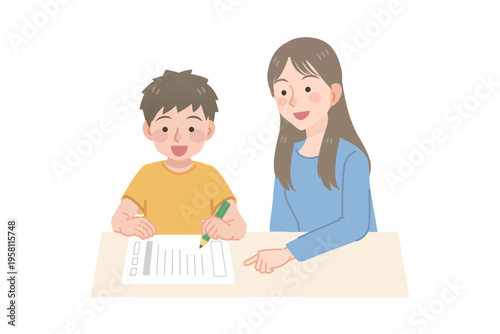 男の子と課題をサポートする先生